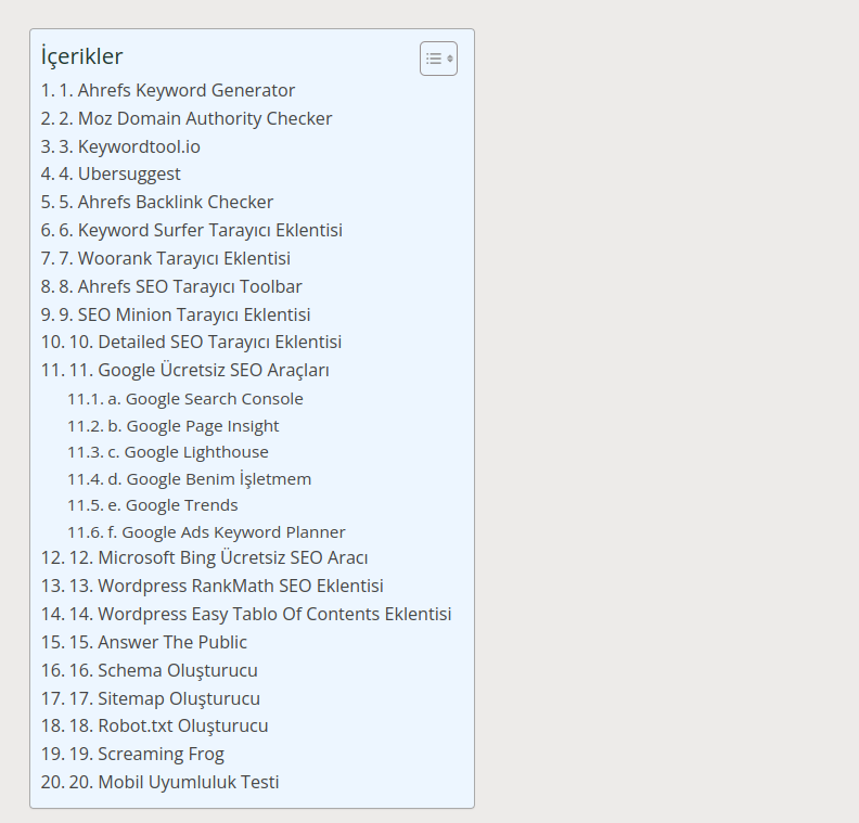 table of contents tool